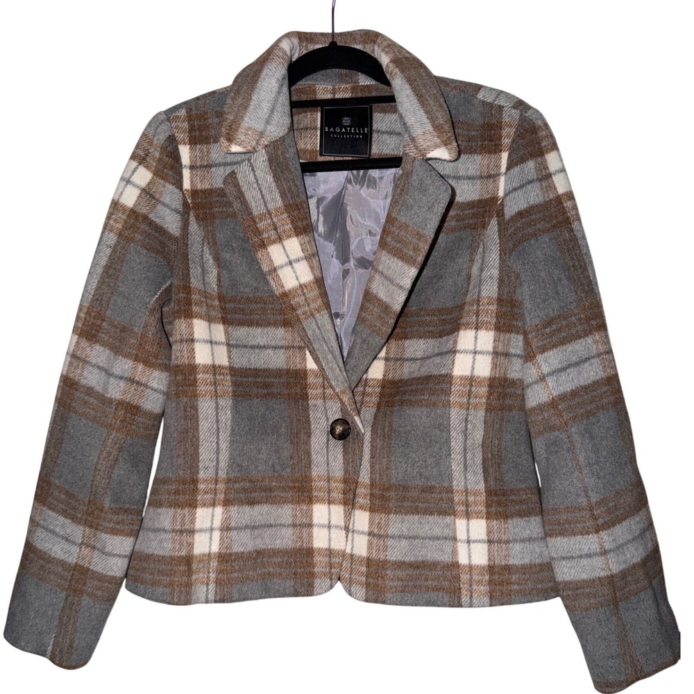 Bagatelle Collection Women Plaid Blazer‎ Jacket Gray Brown white Size M